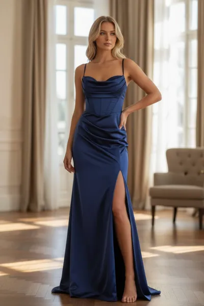 Vestido de gala de tiras ajustado drapeado en top y corte lateral