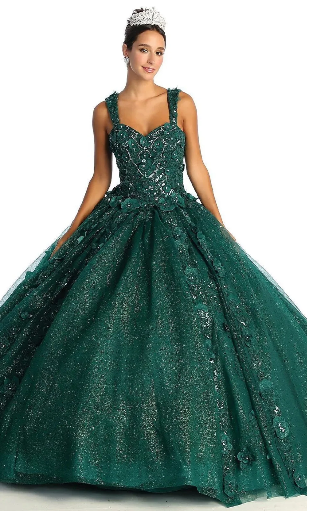 Vestido de 15 años de tiras decorado con apliques y flores en 3D en tela de glitter falda corte princesa