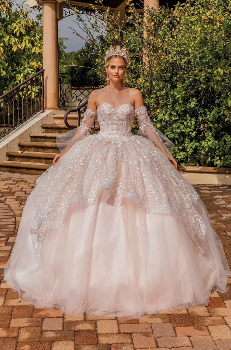Vestido de 15 años Strapless con mangas tipo guantes, decorado con flores en 3D y falda corte Princesa