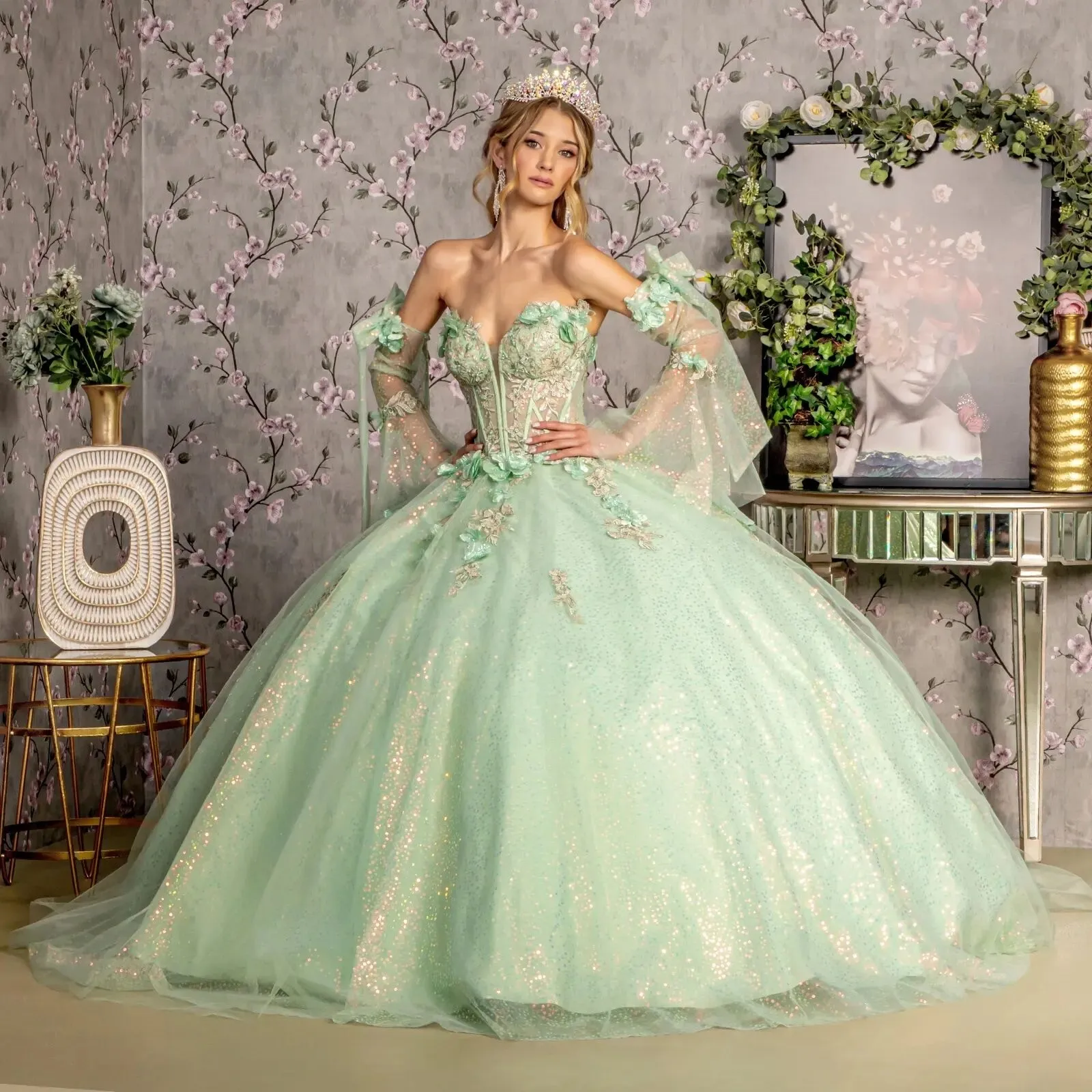 Vestido de 15 años Off Shoulder estilo corset y cola