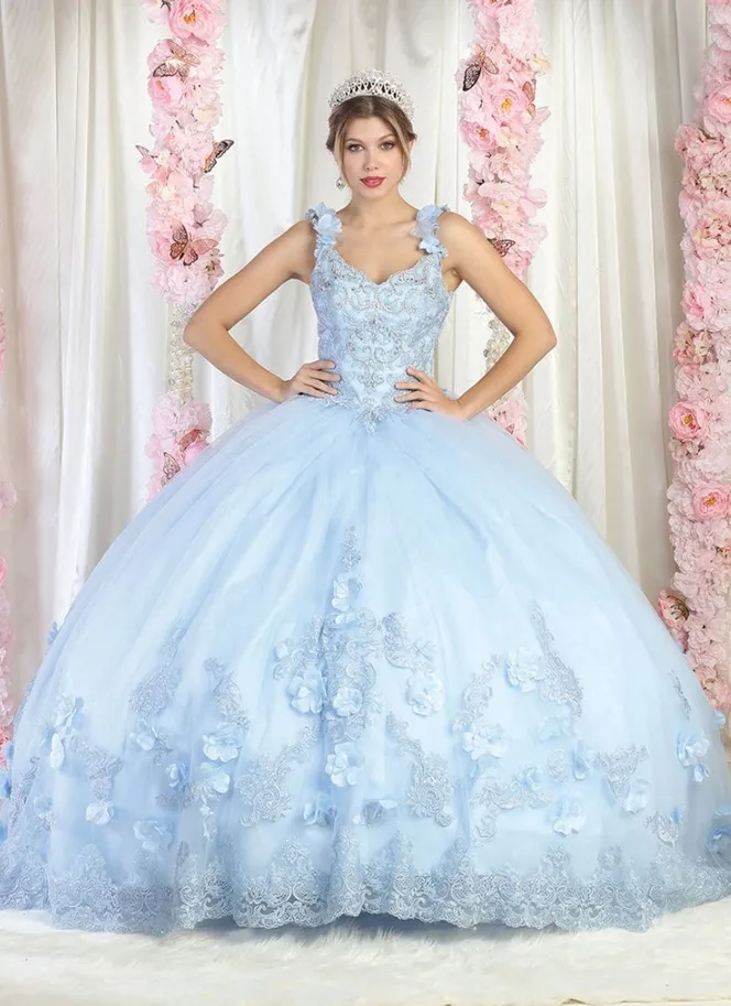 Vestido de 15 años decorado con pedreria en Top, falda corte Princesa decorada con apliques de Flores y Glitter