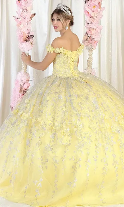 Vestido de 15 años Off Shoulder decorado con apliques y flores en 3D en tela de glitter falda corte princesa con luces LED
