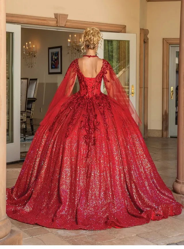 Vestido de 15 años en tela de Glitter decorado con apliques rojos mangas de Tull y falda corte Princesa