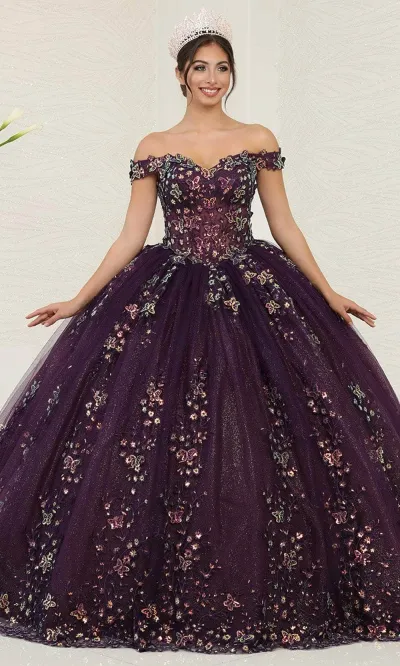 Vestido de 15 años Off Shoulder con capa, decorado con apliques de flores en 3D y falda corte Princesa con Cola