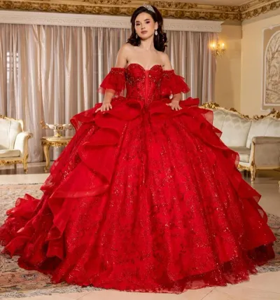 Vestido de 15 años Imperium Off Shoulder falda corte Princesa con cola y lazo
