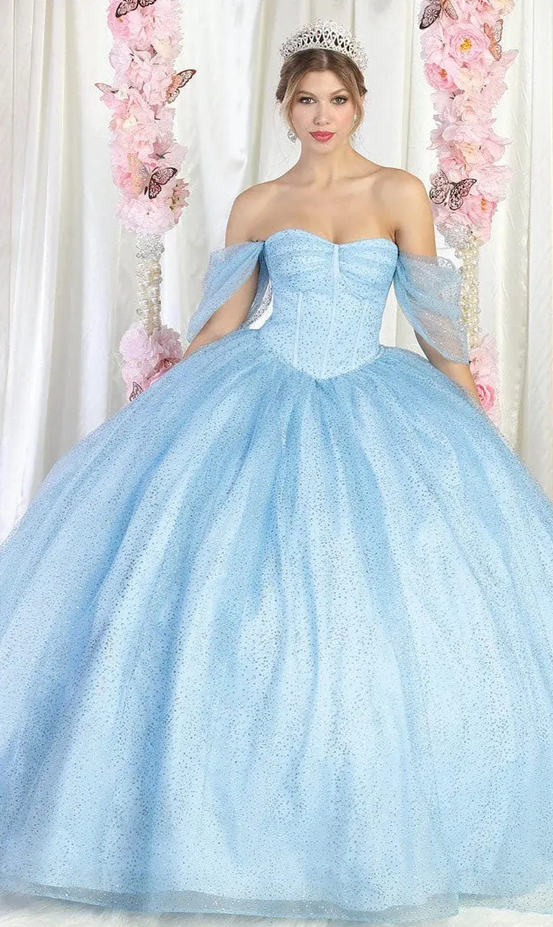 Vestido de 15 años Off Shoulder drapeado en top en tela de glitter y falda corte princesa