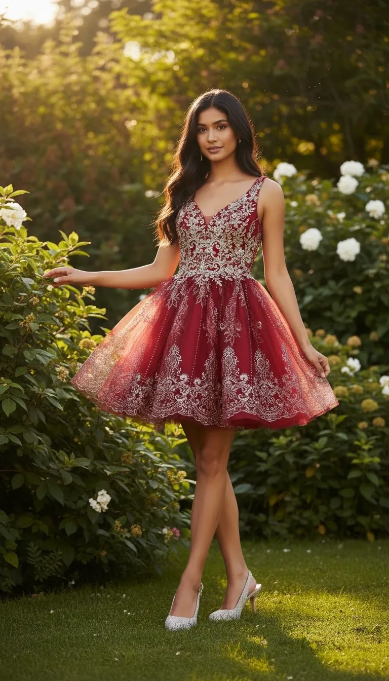 Vestido de Quinceañera corto de tiras decorado con apliques de Glitter dorados y  falda corte A