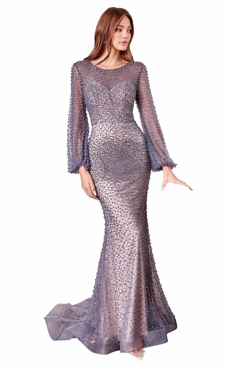 Vestido de Gala manga larga color Gris oscuro con transparecia decorado con Perlas