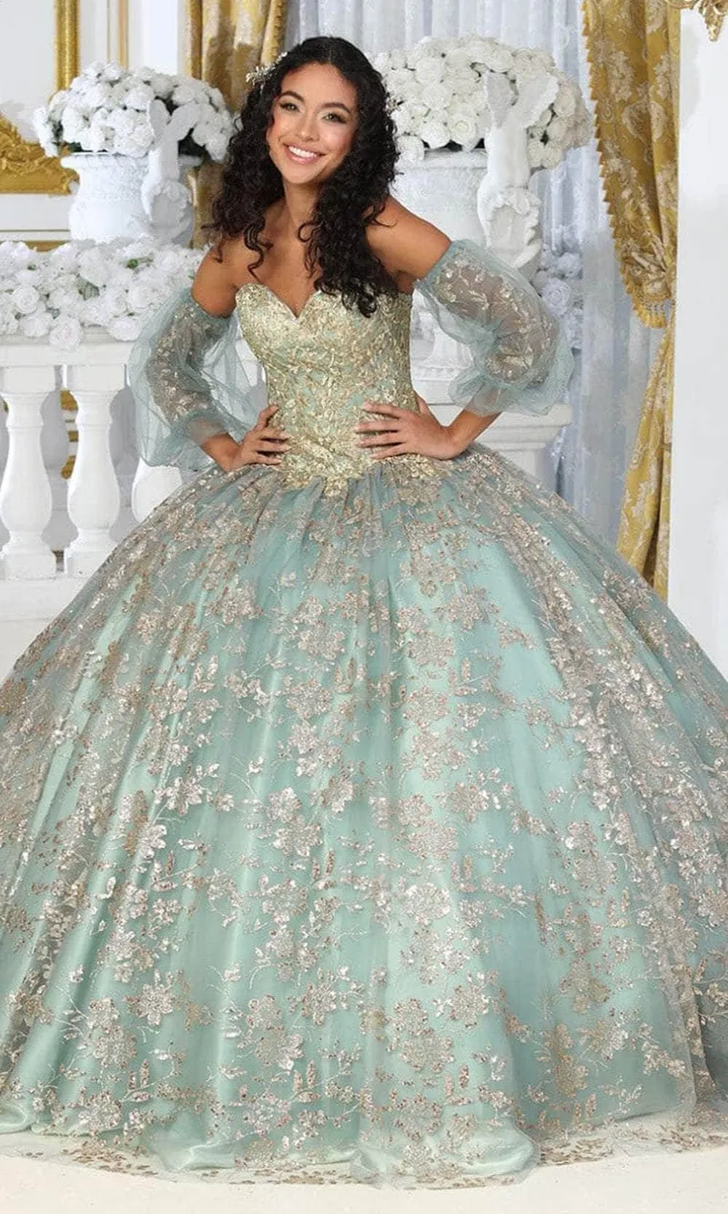 Vestido de 15 años Strapless color Sage decorado con decoraciones en glitter y apliques dorados tela de glitter falda corte princesa