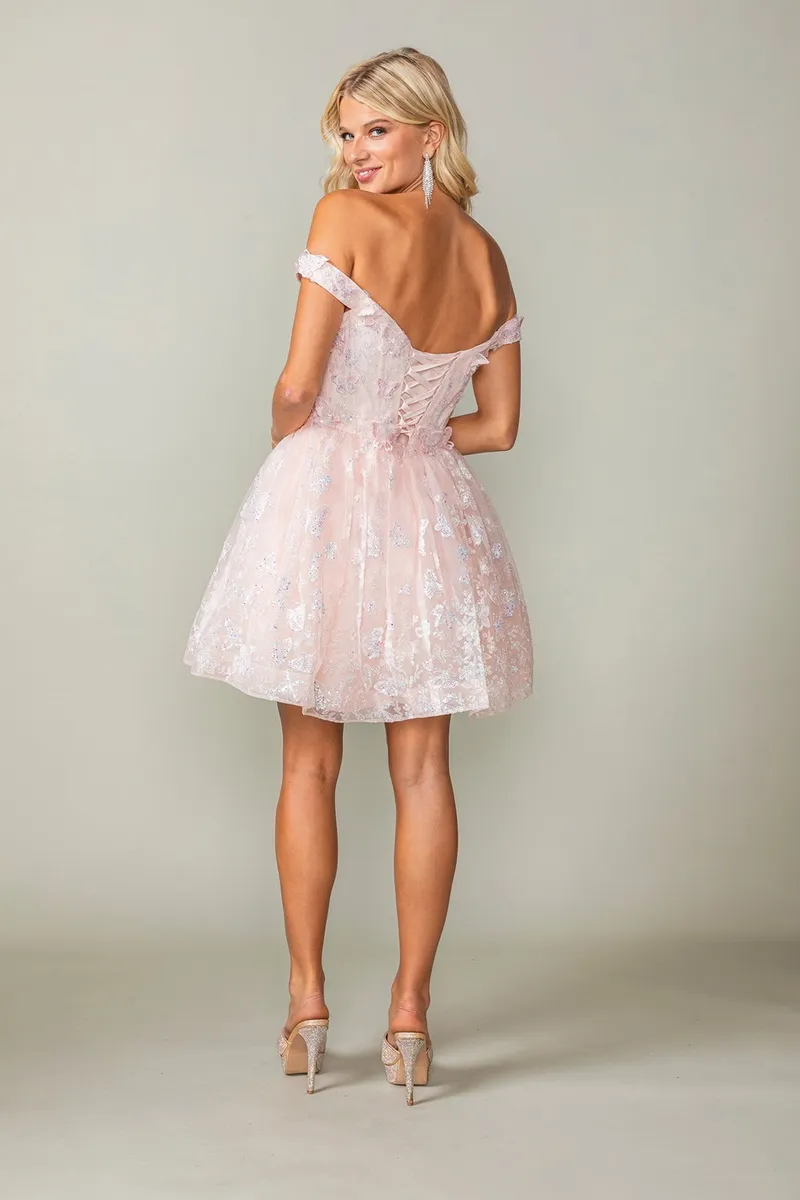 Vestido de Quinceañera corto Off Shoulder decorado con mariposas en 3D y apliques de Glitter
