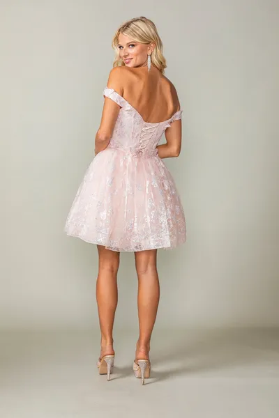 Vestido de Quinceañera corto Off Shoulder decorado con mariposas en 3D y apliques de Glitter