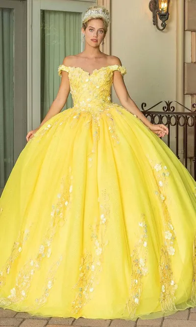 Vestido de 15 años Off Shoulder decorado con apliques de flores y falda corte Princesa