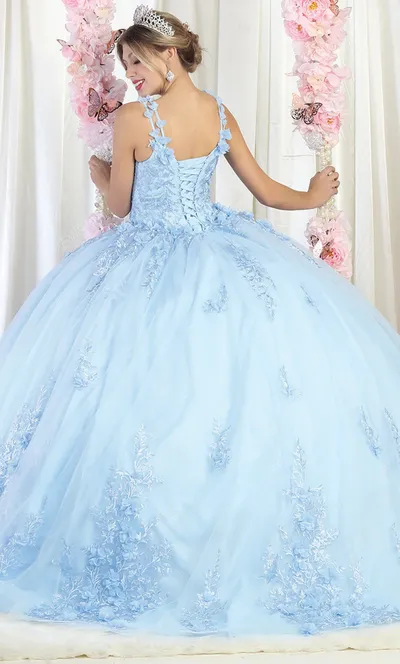 Vestido de 15 años de tiras decorado con apliques y flores en 3D, falda corte princesa