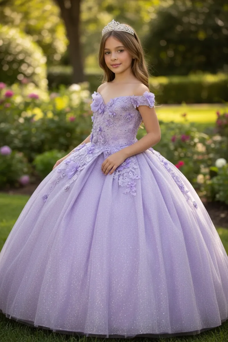 Vestido Petit corte princesa Off Shoulder en tela de Glitter decorado con apliques de Flores en 3D