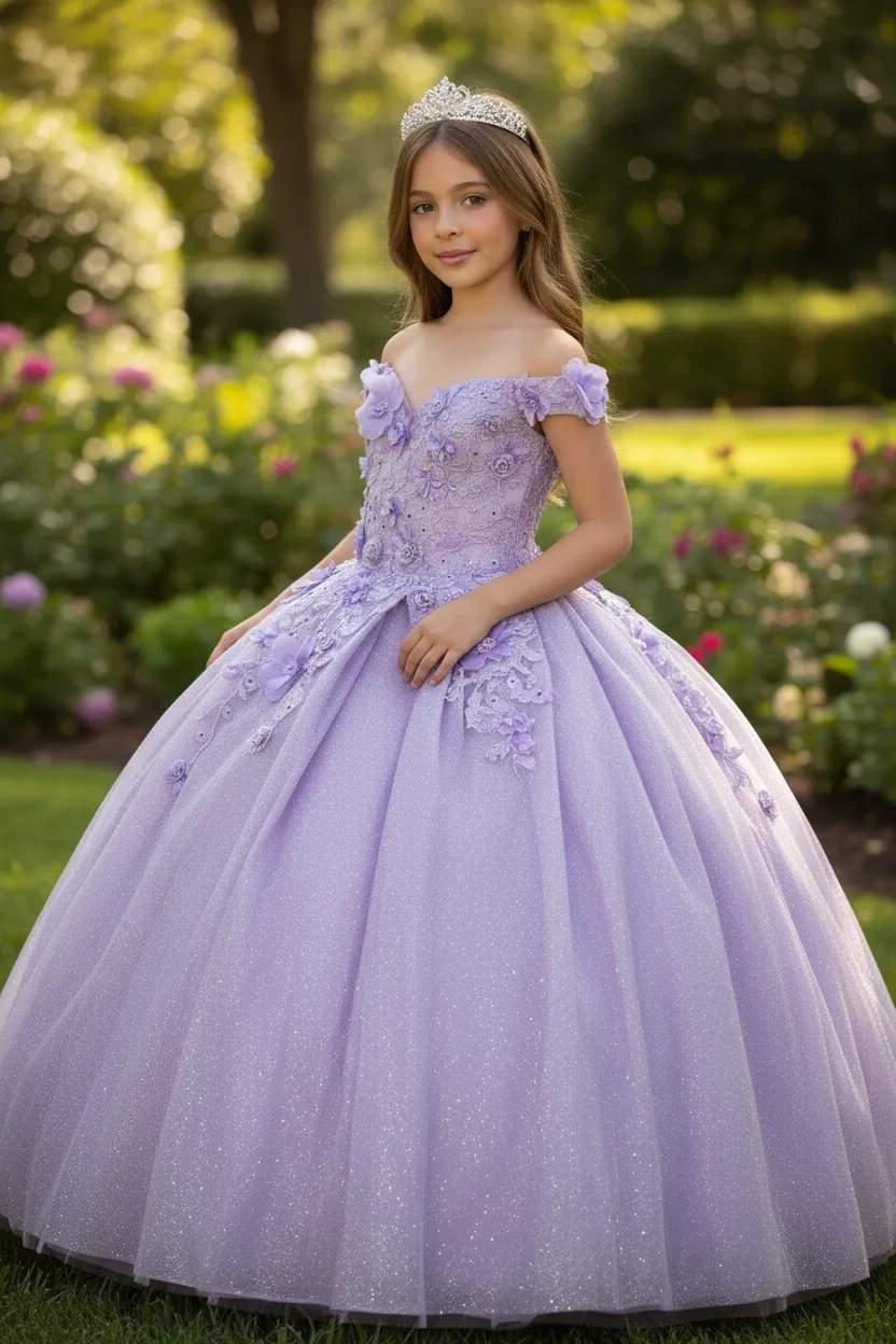 Vestido Petit corte princesa Off Shoulder en tela de Glitter decorado con apliques de Flores en 3D