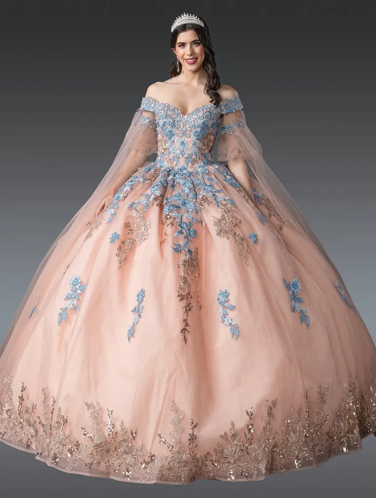 Vestido de 15 años dos tonos Off Shoulder decorado con apliques de flores y mangas con Glitter, falda corte princesa