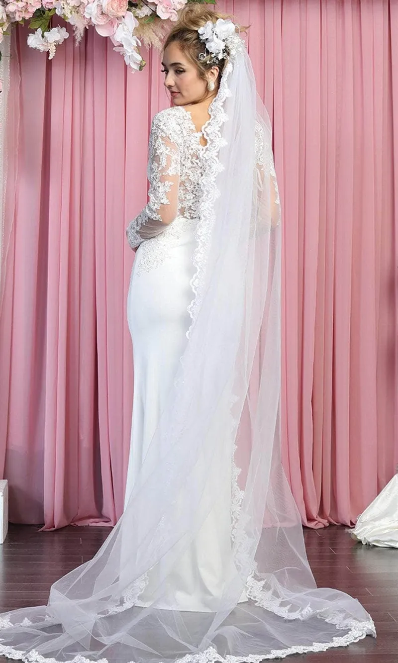 Vestido de Novia Cuello corte V ajustado manga larga con transparencia decorado con apliques