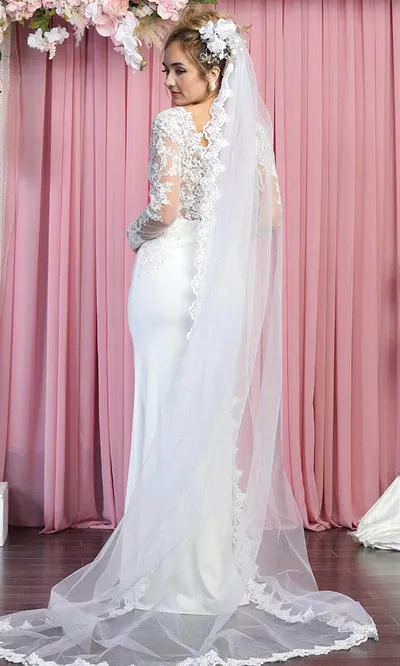 Vestido de Novia Cuello corte V ajustado manga larga con transparencia decorado con apliques