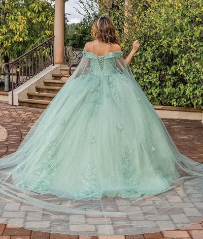 Vestido de 15 años Off Shoulder con capa color Verde Sage decorado con apliques de flores y mariposas 3D falda corte princesa