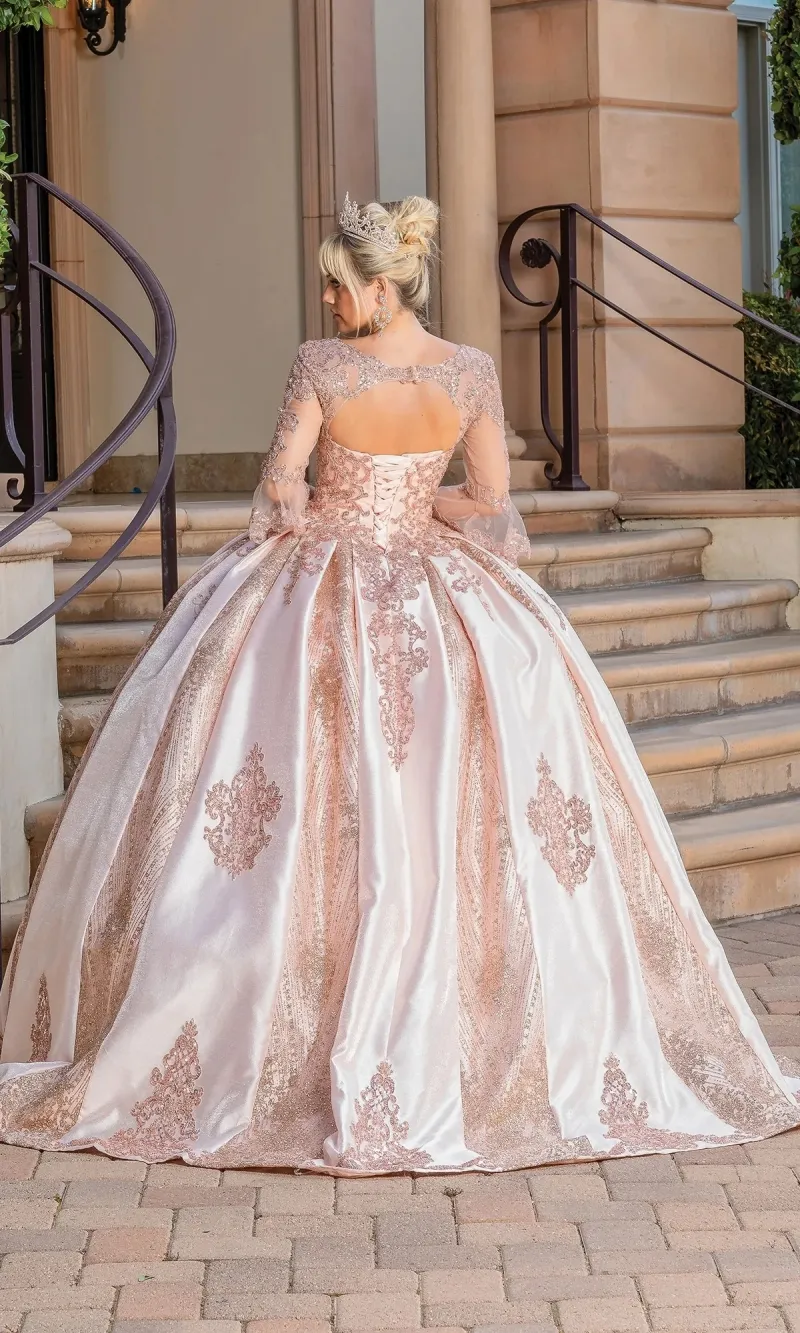 Vestido de 15 años de manga larga decorado con apliques y falda corte Princesa