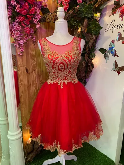 Vestido corto de Quinceañera decorado con apliques dorados en Top y falda corte A de Tul