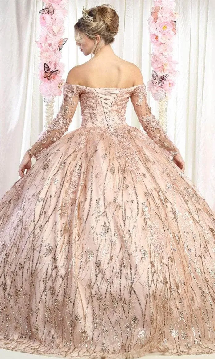 Vestido de 15 años Off Shoulder con manga larga decorado con apliques y decoraciones de glitter falda corte princesa