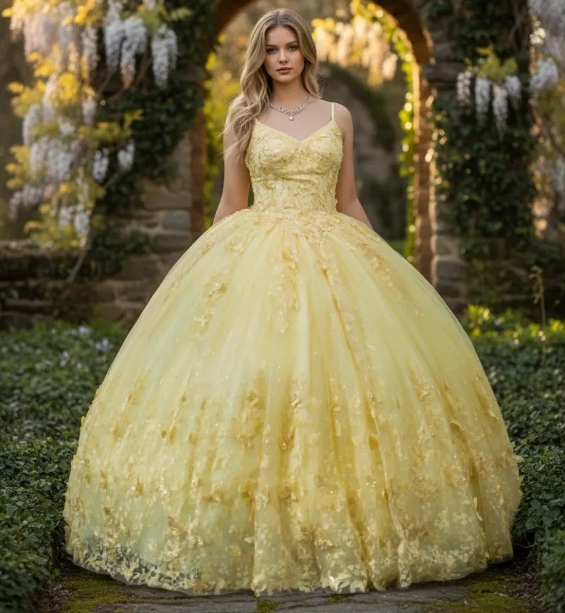 Vestido de 15 años de tiras color Amarillo estilo corset decorado con apliques y mariposas 3D
