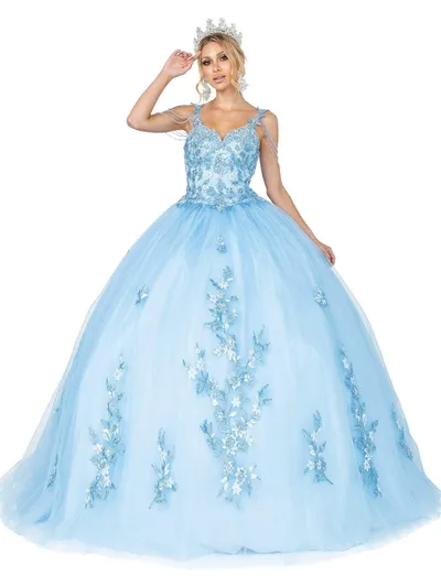 Vestido de 15 años de tiras decoradas con pedrería, apliques de flores y falda corte Princesa