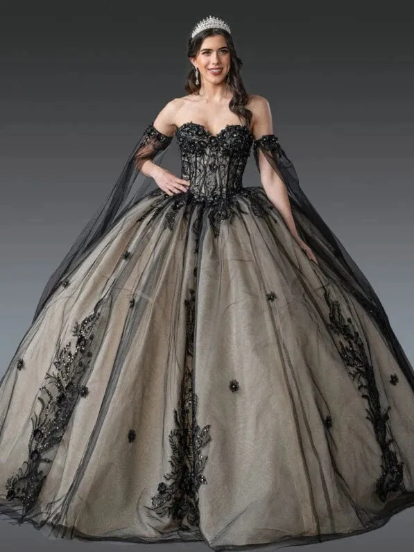 Vestido de 15 años Off Shoulder estilo corset con base Nude decorado con apliques de flores con falda corte princesa