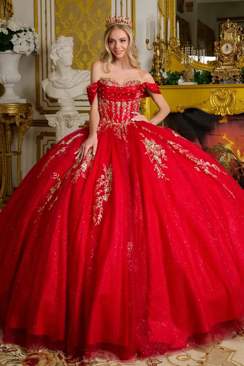 Vestido de 15 años Imperium Off Shoulder falda corte Princesa con cola y lazo