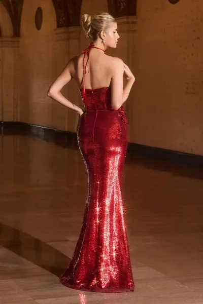 Vestido de Gala Strapless corte recto en tela de Microlentejuelas