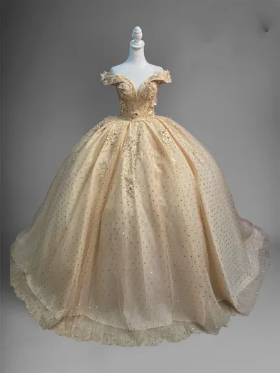 Vestido de 15 años Off Shoulder estilo corset decorado con flores 3D en Top y falda corte Princesa