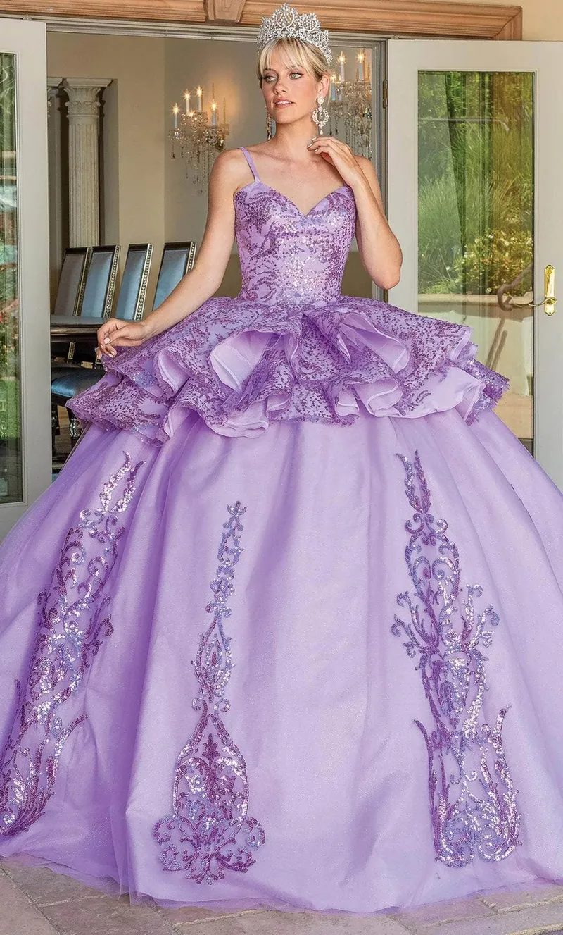 Vestido de 15 años de dos piezas decorado con apliques en glitter y flores en 3D en tela de glitter falda corte princesa