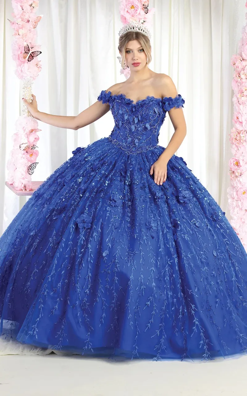 Vestido de 15 años Off Shoulder decorado con apliques y flores en 3D en tela de glitter falda corte princesa