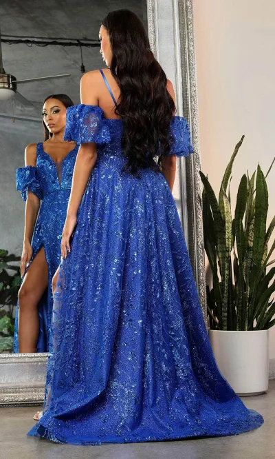 Vestido de gala color Azul Royal semi-transparente decorado con apliques escarchados y corte lateral