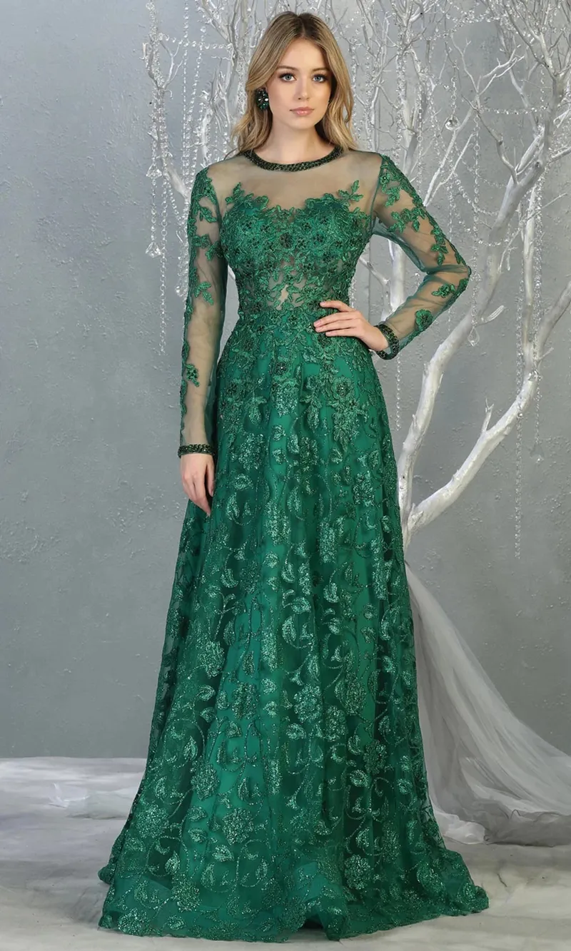 Vestido de Gala manga larga decorado con apliques de flores y glitter color Verde Esmeralda falda corte A