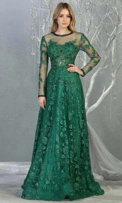 Vestido de Gala manga larga decorado con apliques de flores y glitter color Verde Esmeralda falda corte A