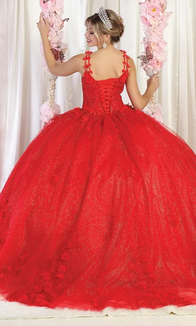 Vestido de 15 años de tiras decorado con apliques y flores en 3D, falda corte princesa