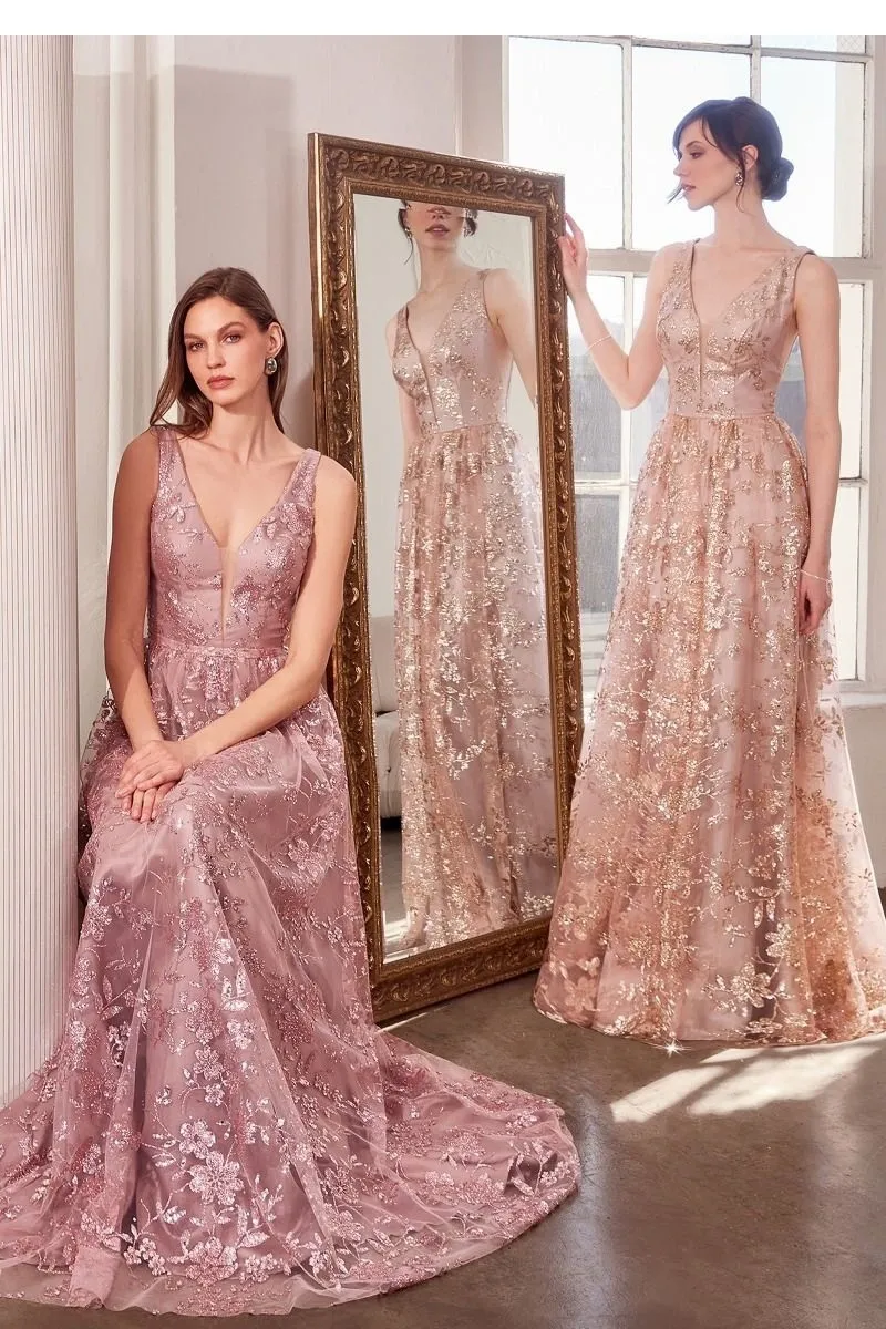 Vestido de Gala escote en V con diseños en Glitter y falda corte A
