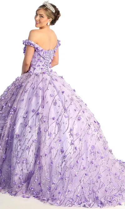 Vestido de 15 años Off Shoulder estilo corset decorado con flores en 3D y decoraciones en glitter falda corte princesa
