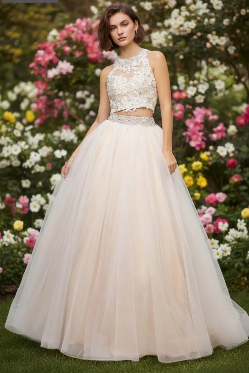 Vestido de 15 años de dos piezas decorado con piedras en tornasol y apliques de flores en Top
