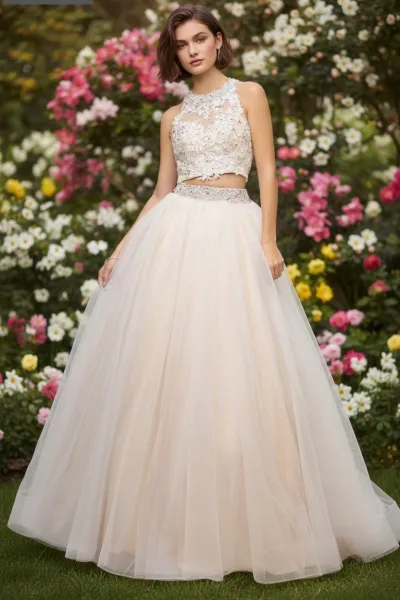 Vestido de 15 años de dos piezas decorado con piedras en tornasol y apliques de flores en Top