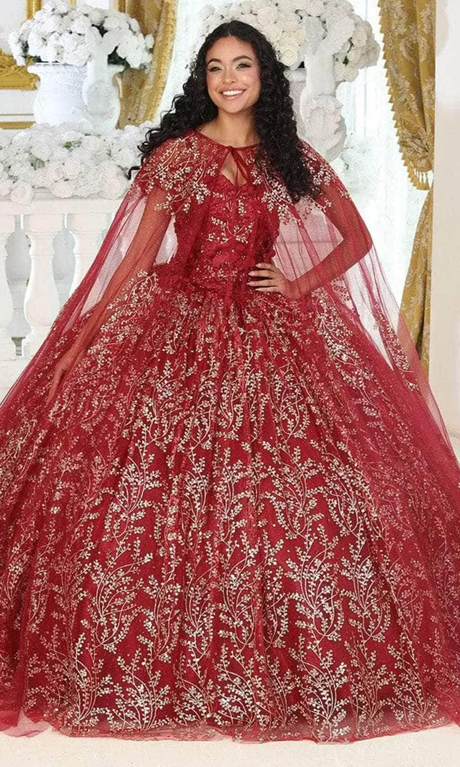 Vestido de 15 años Off Shoulder con capa, falda corte princesa decorado con Glitter y flores en 3D
