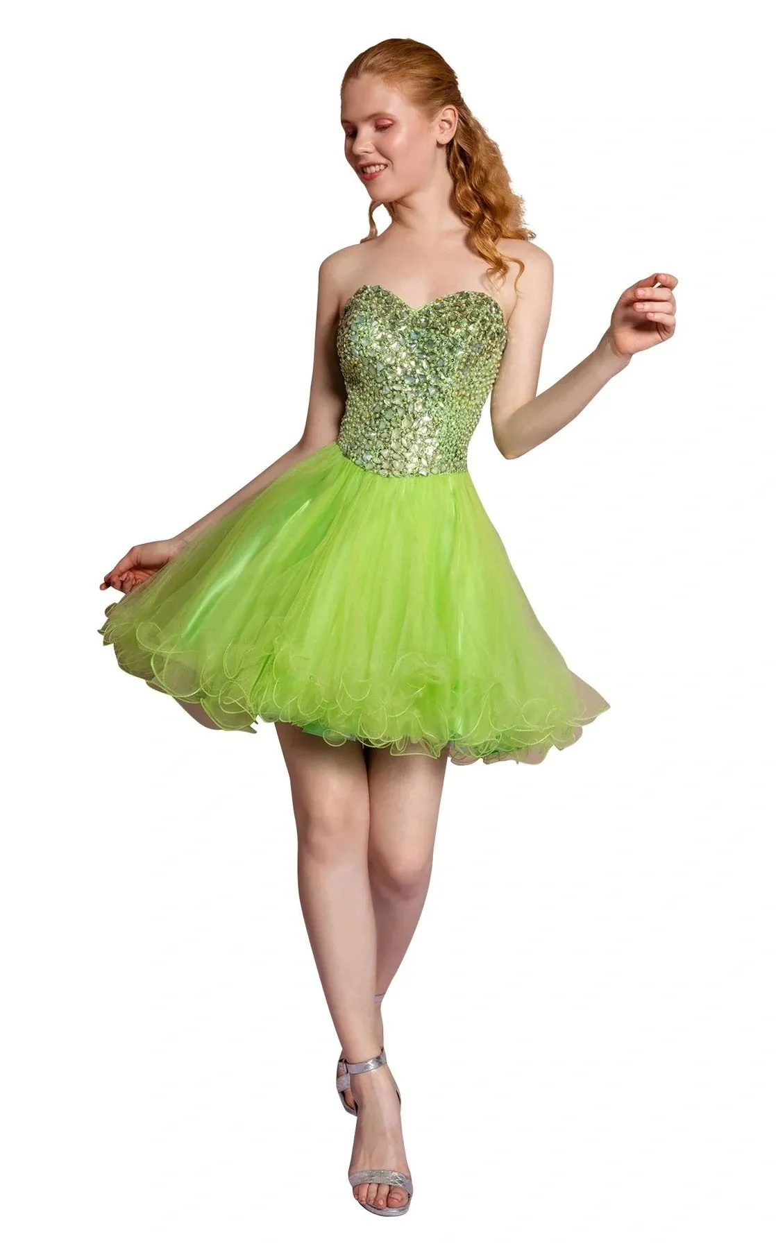 Vestido de Quinceañera corto Strapless decorado con pedrería en Top y falda corte A de Tul