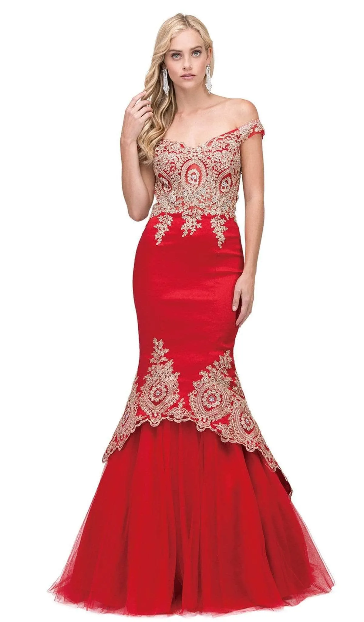 Vestido de Gala color Blanco pegado Off-Shoulder decorado con apliques dorados y falda corte sirena