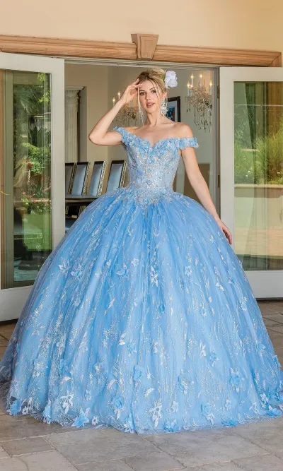 Vestido de 15 años Off Shoulder decorado con apliques de Glitter y falda corte Princesa