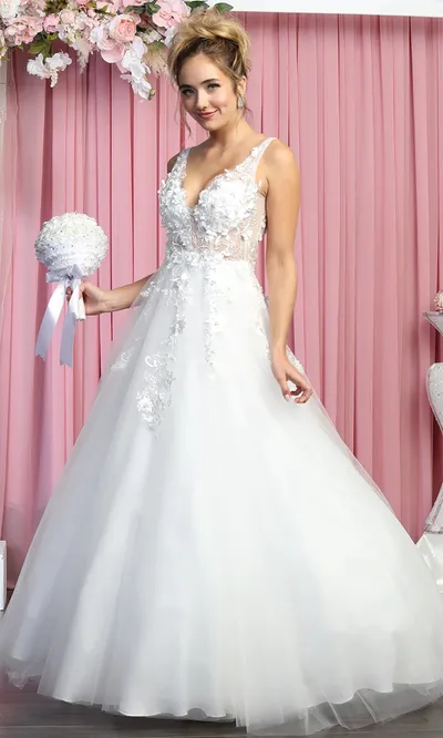 Vestido de Novia Cuello corte V con transparencia decorado con apliques en top y falda corte A