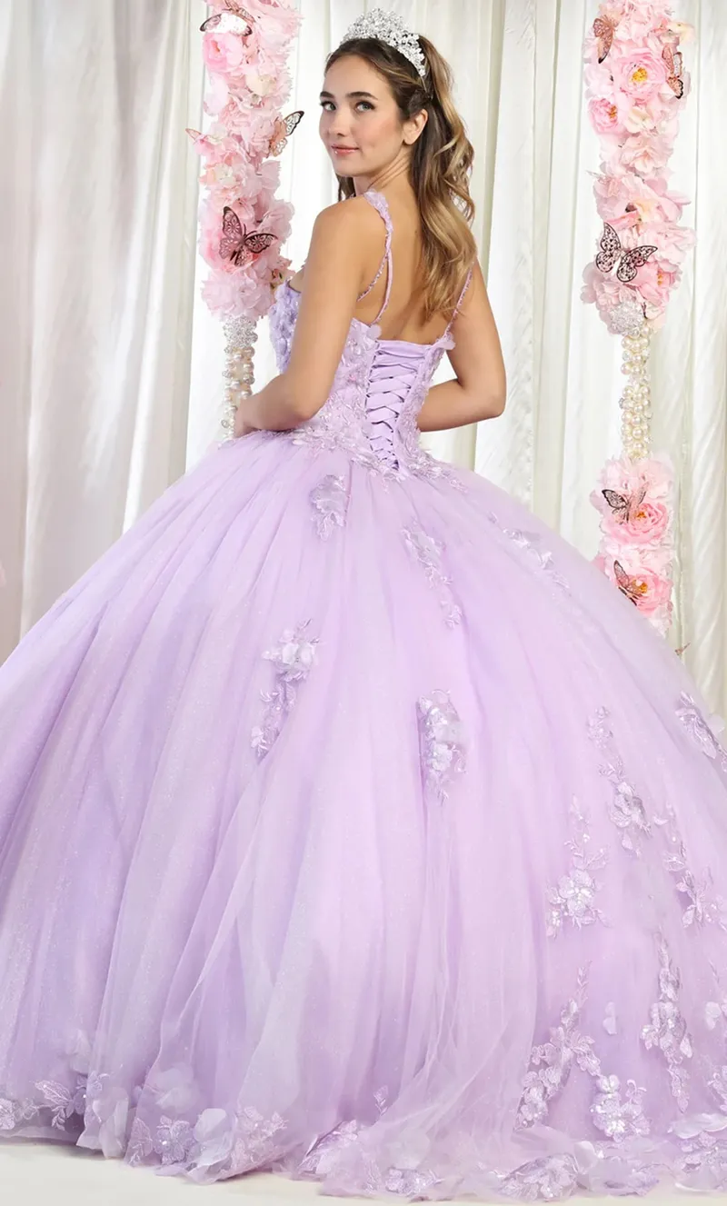 Vestido de 15 años de tiras decorado con apliques y flores en 3D en tela de Tull, falda corte princesa