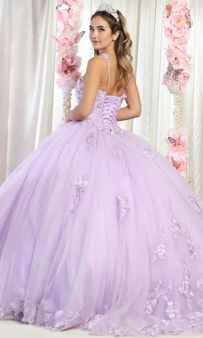 Vestido de 15 años de tiras decorado con apliques y flores en 3D en tela de Tull, falda corte princesa
