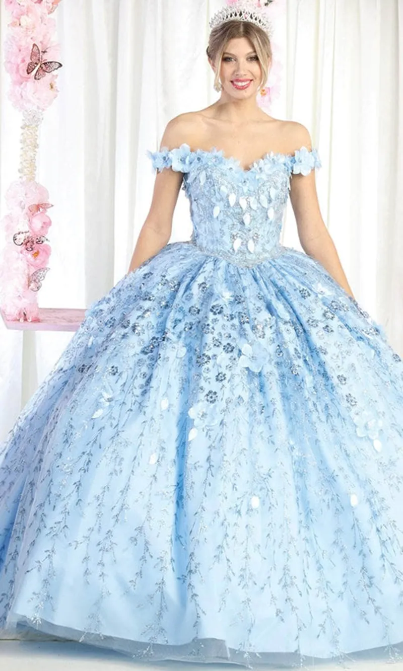 Vestido de 15 años Off Shoulder decorado con apliques y flores en 3D en tela de glitter falda corte princesa